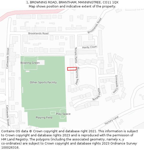1, BROWNING ROAD, BRANTHAM, MANNINGTREE, CO11 1QX: Location map and indicative extent of plot