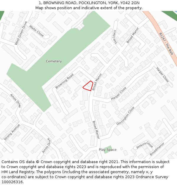 1, BROWNING ROAD, POCKLINGTON, YORK, YO42 2GN: Location map and indicative extent of plot