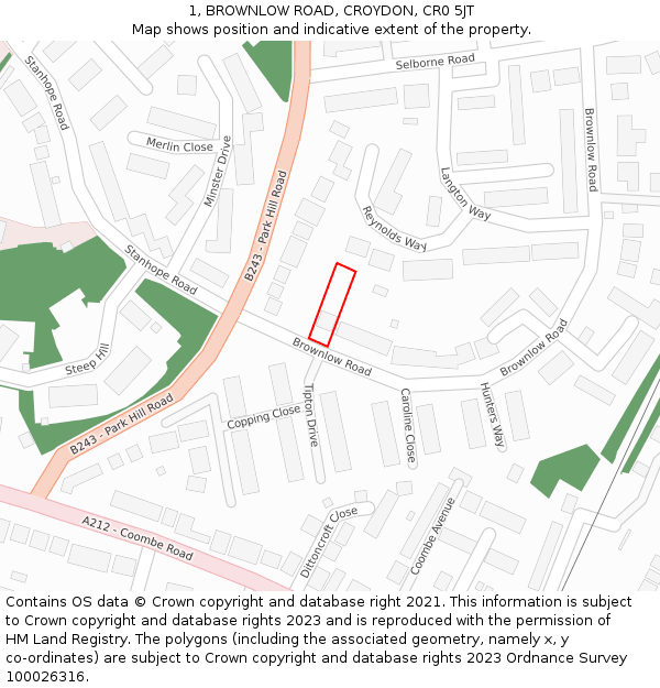 1, BROWNLOW ROAD, CROYDON, CR0 5JT: Location map and indicative extent of plot