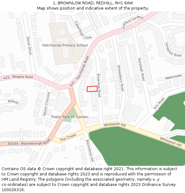 1, BROWNLOW ROAD, REDHILL, RH1 6AW: Location map and indicative extent of plot
