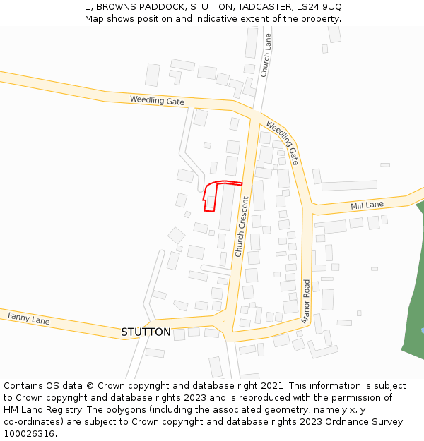 1, BROWNS PADDOCK, STUTTON, TADCASTER, LS24 9UQ: Location map and indicative extent of plot