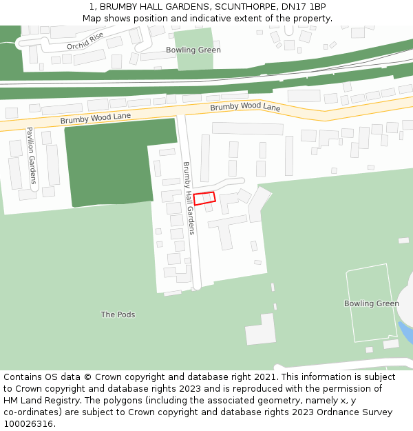 1, BRUMBY HALL GARDENS, SCUNTHORPE, DN17 1BP: Location map and indicative extent of plot