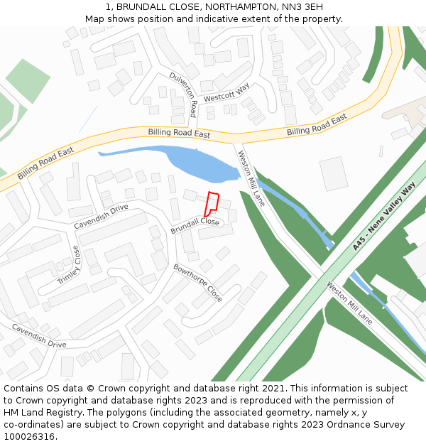 1, BRUNDALL CLOSE, NORTHAMPTON, NN3 3EH: Location map and indicative extent of plot