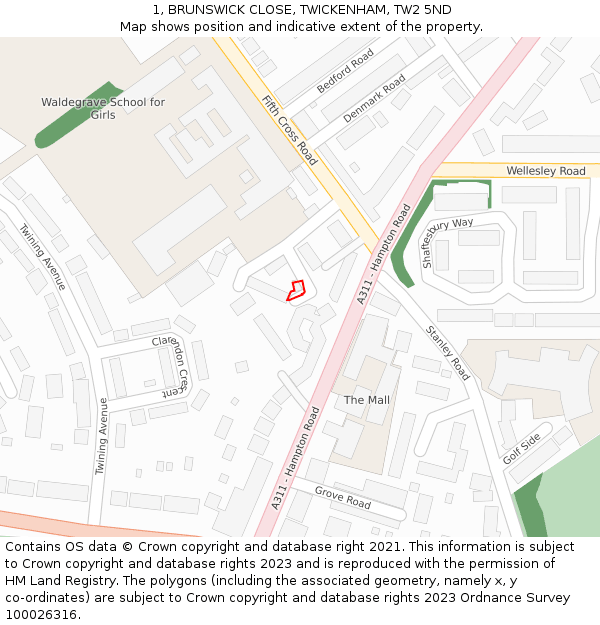 1, BRUNSWICK CLOSE, TWICKENHAM, TW2 5ND: Location map and indicative extent of plot