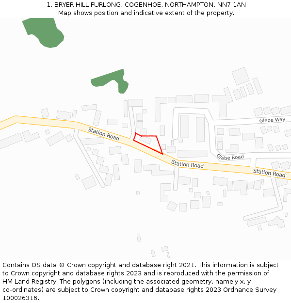 1, BRYER HILL FURLONG, COGENHOE, NORTHAMPTON, NN7 1AN: Location map and indicative extent of plot