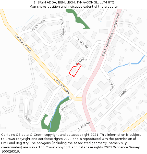 1, BRYN ADDA, BENLLECH, TYN-Y-GONGL, LL74 8TQ: Location map and indicative extent of plot