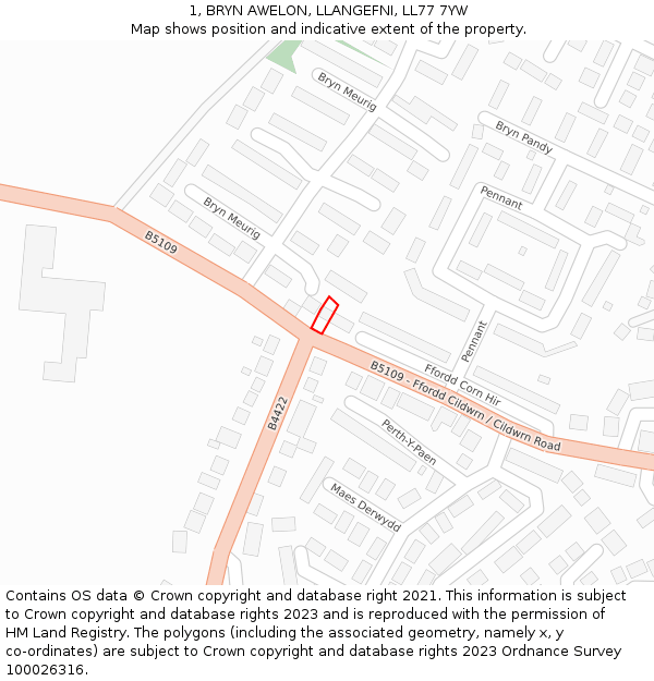 1, BRYN AWELON, LLANGEFNI, LL77 7YW: Location map and indicative extent of plot