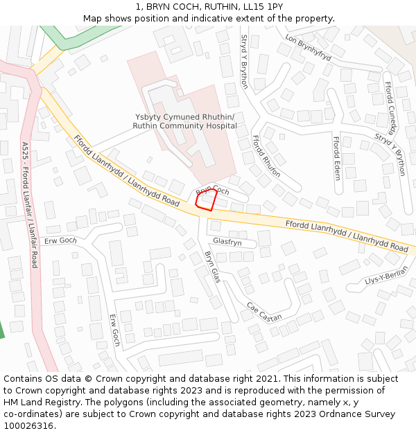 1, BRYN COCH, RUTHIN, LL15 1PY: Location map and indicative extent of plot
