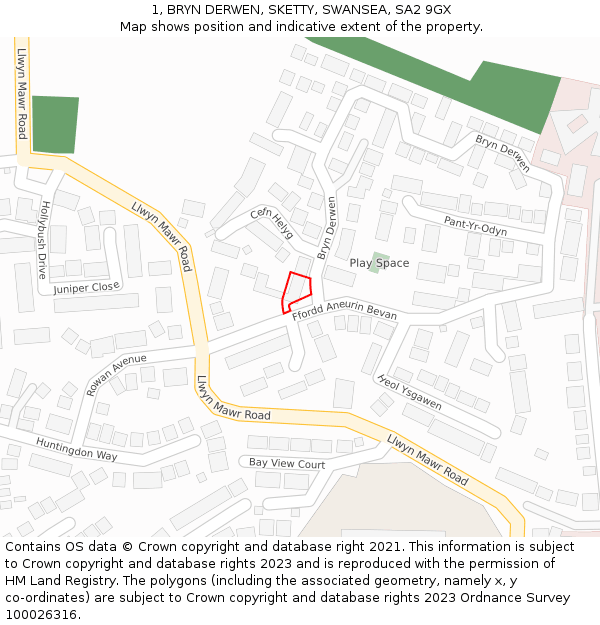 1, BRYN DERWEN, SKETTY, SWANSEA, SA2 9GX: Location map and indicative extent of plot