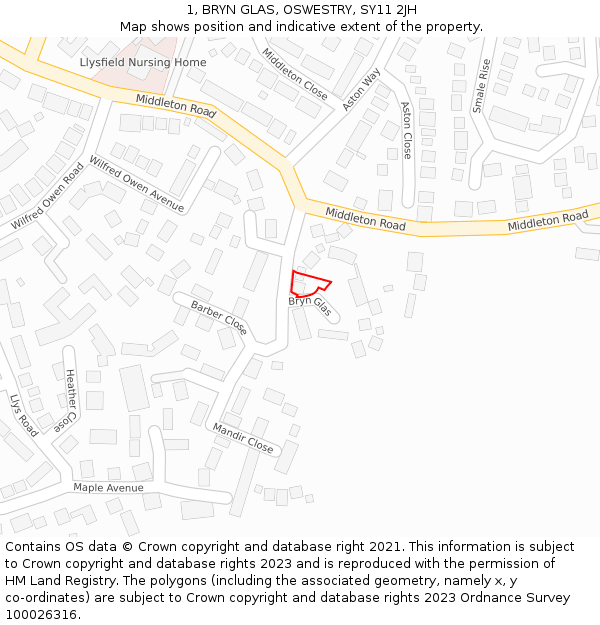 1, BRYN GLAS, OSWESTRY, SY11 2JH: Location map and indicative extent of plot