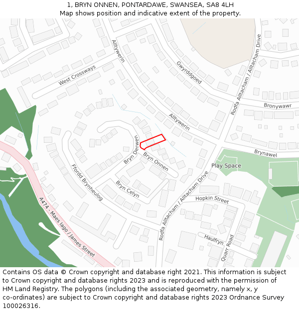 1, BRYN ONNEN, PONTARDAWE, SWANSEA, SA8 4LH: Location map and indicative extent of plot
