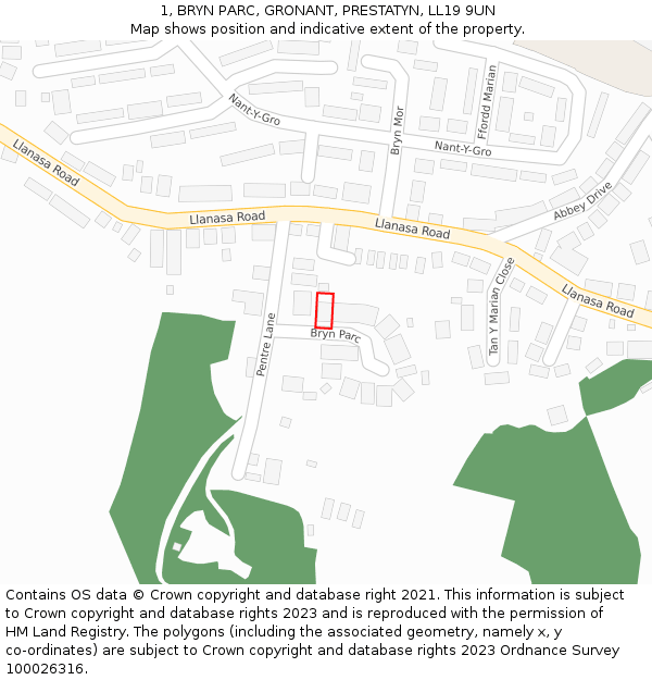 1, BRYN PARC, GRONANT, PRESTATYN, LL19 9UN: Location map and indicative extent of plot