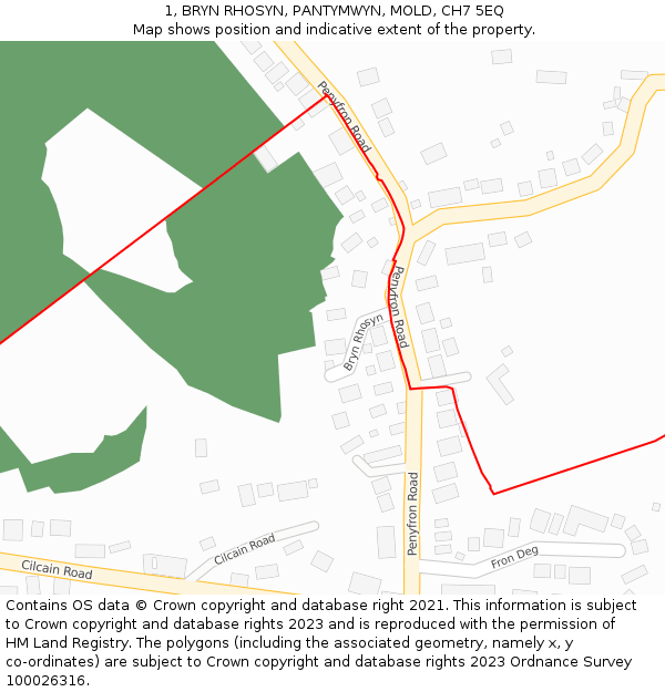 1, BRYN RHOSYN, PANTYMWYN, MOLD, CH7 5EQ: Location map and indicative extent of plot