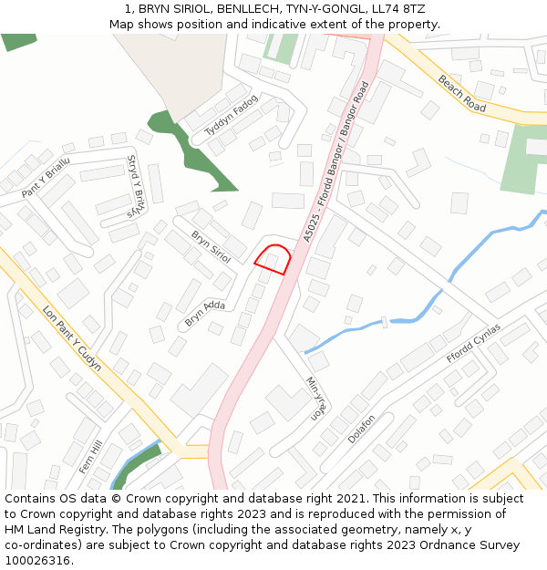 1, BRYN SIRIOL, BENLLECH, TYN-Y-GONGL, LL74 8TZ: Location map and indicative extent of plot