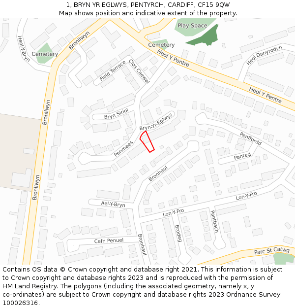 1, BRYN YR EGLWYS, PENTYRCH, CARDIFF, CF15 9QW: Location map and indicative extent of plot