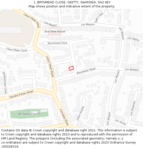 1, BRYNMEAD CLOSE, SKETTY, SWANSEA, SA2 9EY: Location map and indicative extent of plot