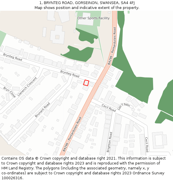 1, BRYNTEG ROAD, GORSEINON, SWANSEA, SA4 4FJ: Location map and indicative extent of plot