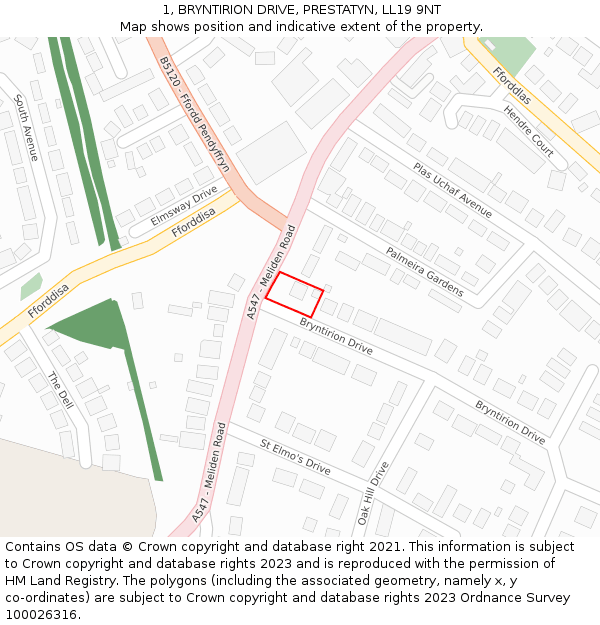 1, BRYNTIRION DRIVE, PRESTATYN, LL19 9NT: Location map and indicative extent of plot
