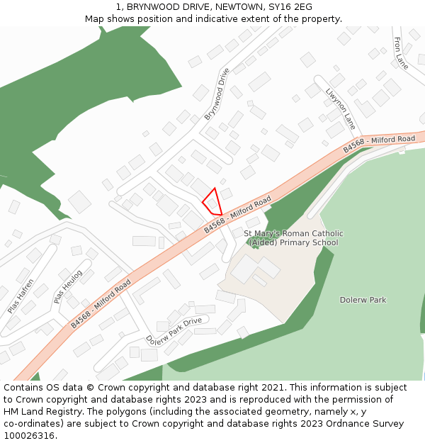 1, BRYNWOOD DRIVE, NEWTOWN, SY16 2EG: Location map and indicative extent of plot