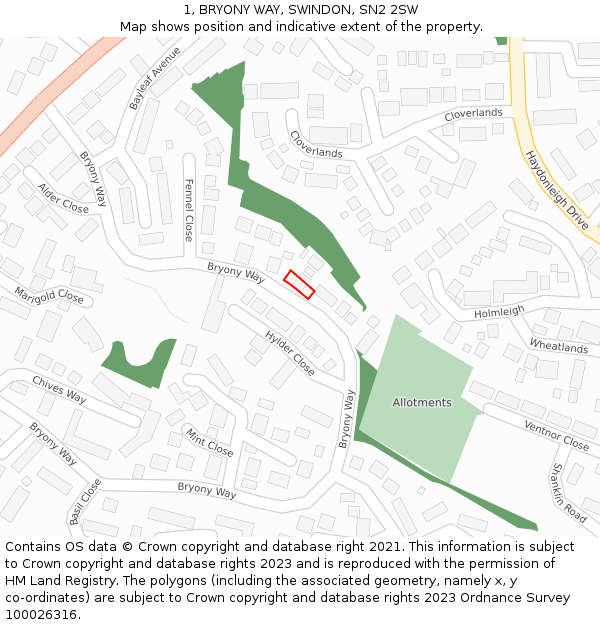 1, BRYONY WAY, SWINDON, SN2 2SW: Location map and indicative extent of plot