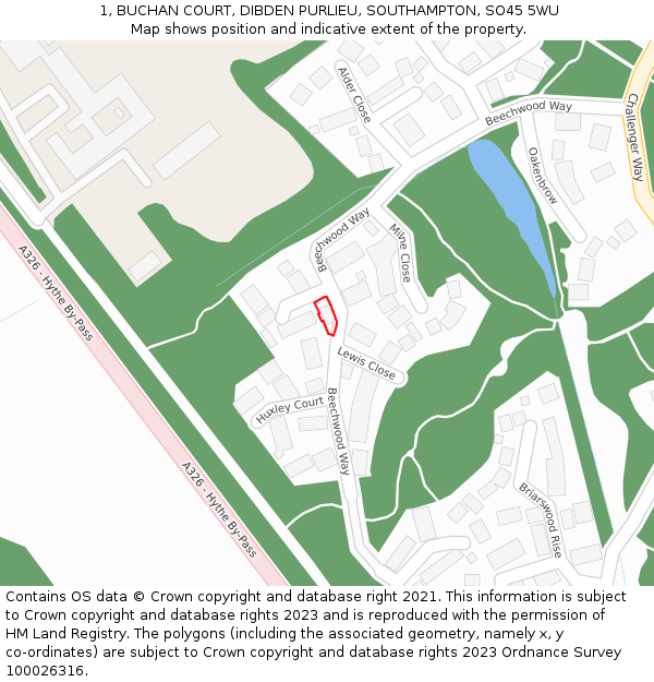 1, BUCHAN COURT, DIBDEN PURLIEU, SOUTHAMPTON, SO45 5WU: Location map and indicative extent of plot