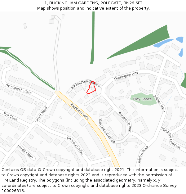 1, BUCKINGHAM GARDENS, POLEGATE, BN26 6FT: Location map and indicative extent of plot
