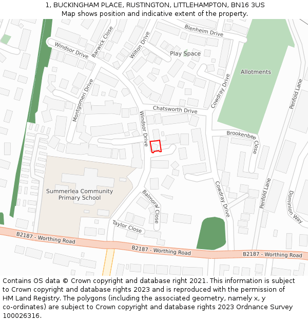 1, BUCKINGHAM PLACE, RUSTINGTON, LITTLEHAMPTON, BN16 3US: Location map and indicative extent of plot