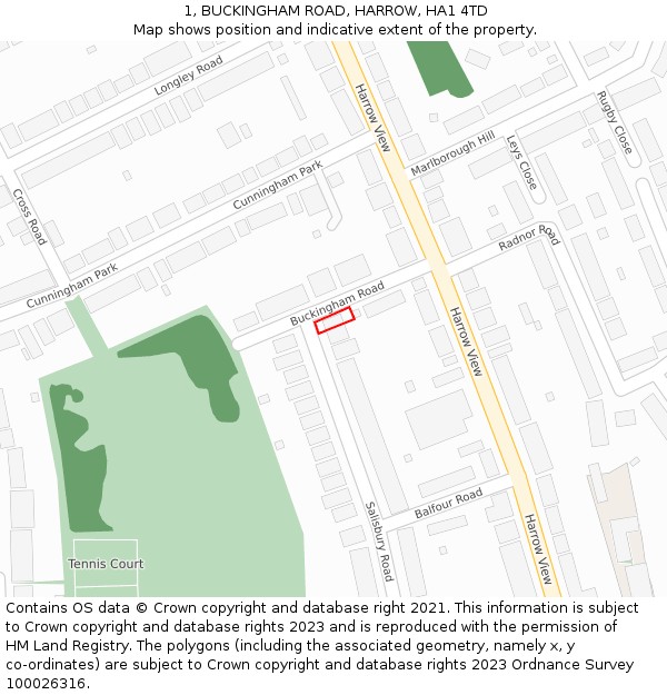 1, BUCKINGHAM ROAD, HARROW, HA1 4TD: Location map and indicative extent of plot