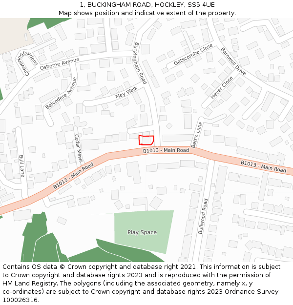 1, BUCKINGHAM ROAD, HOCKLEY, SS5 4UE: Location map and indicative extent of plot