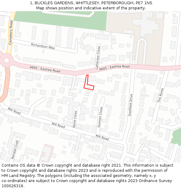 1, BUCKLES GARDENS, WHITTLESEY, PETERBOROUGH, PE7 1NS: Location map and indicative extent of plot