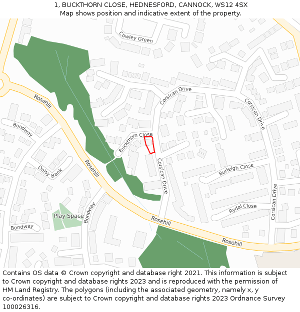 1, BUCKTHORN CLOSE, HEDNESFORD, CANNOCK, WS12 4SX: Location map and indicative extent of plot