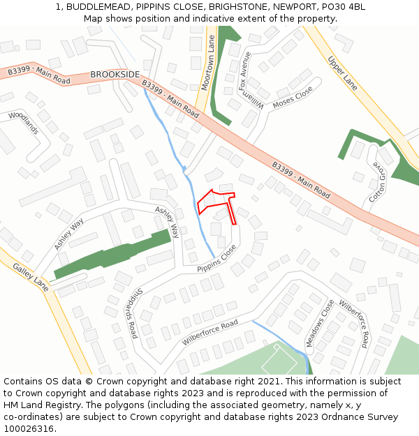 1, BUDDLEMEAD, PIPPINS CLOSE, BRIGHSTONE, NEWPORT, PO30 4BL: Location map and indicative extent of plot