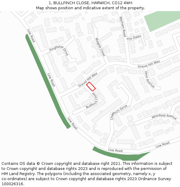 1, BULLFINCH CLOSE, HARWICH, CO12 4WH: Location map and indicative extent of plot