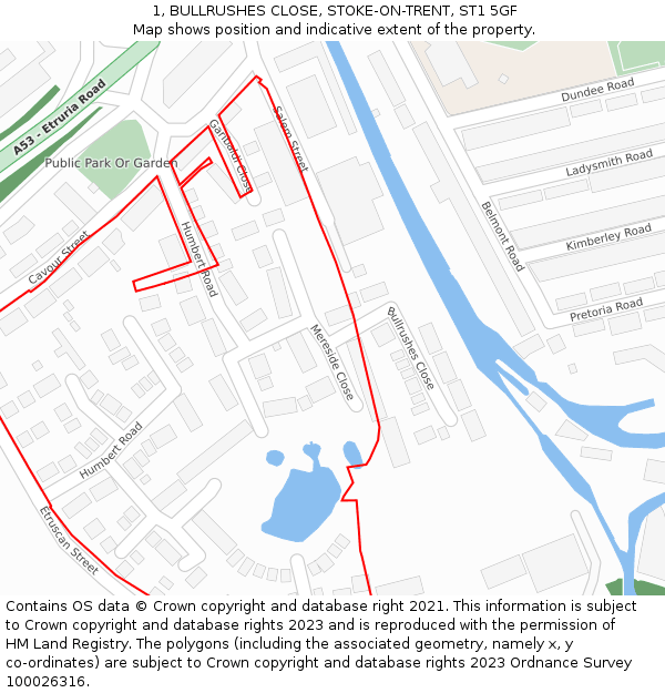 1, BULLRUSHES CLOSE, STOKE-ON-TRENT, ST1 5GF: Location map and indicative extent of plot