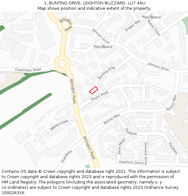 1, BUNTING DRIVE, LEIGHTON BUZZARD, LU7 4AU: Location map and indicative extent of plot
