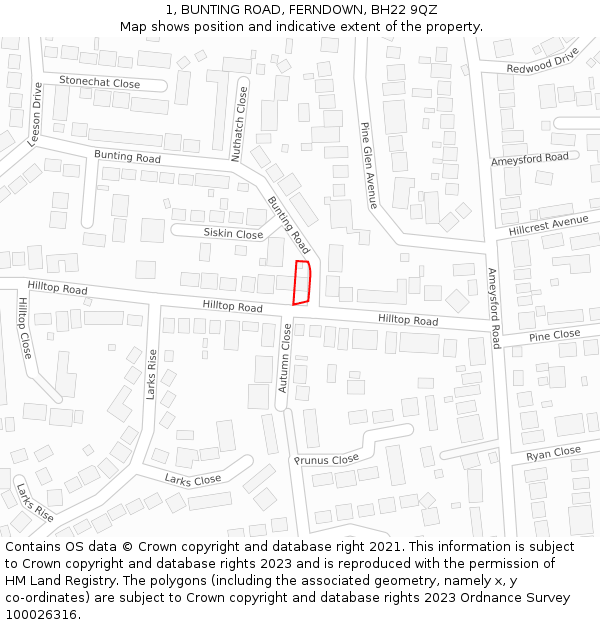 1, BUNTING ROAD, FERNDOWN, BH22 9QZ: Location map and indicative extent of plot