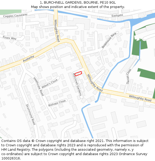 1, BURCHNELL GARDENS, BOURNE, PE10 9GL: Location map and indicative extent of plot