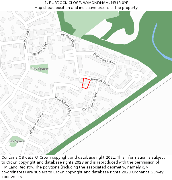 1, BURDOCK CLOSE, WYMONDHAM, NR18 0YE: Location map and indicative extent of plot
