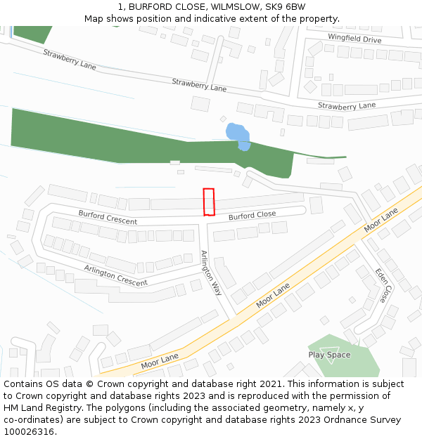 1, BURFORD CLOSE, WILMSLOW, SK9 6BW: Location map and indicative extent of plot