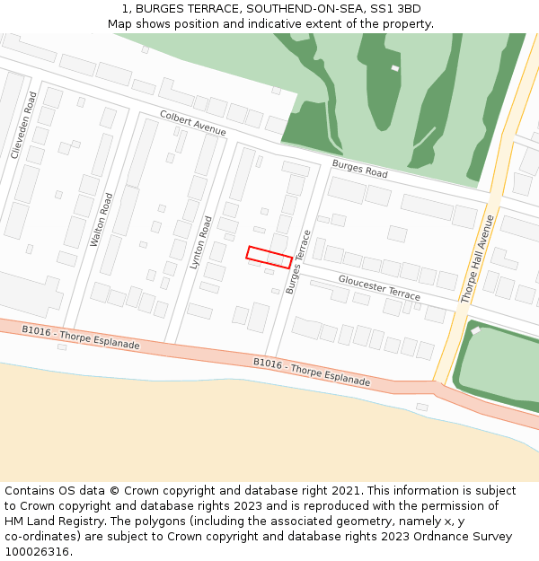 1, BURGES TERRACE, SOUTHEND-ON-SEA, SS1 3BD: Location map and indicative extent of plot