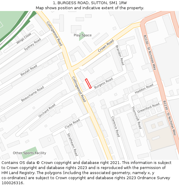 1, BURGESS ROAD, SUTTON, SM1 1RW: Location map and indicative extent of plot