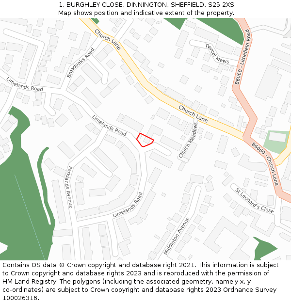 1, BURGHLEY CLOSE, DINNINGTON, SHEFFIELD, S25 2XS: Location map and indicative extent of plot