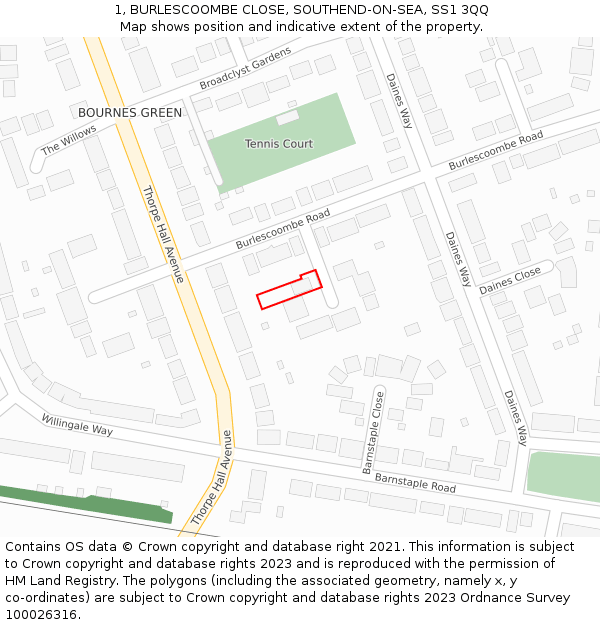 1, BURLESCOOMBE CLOSE, SOUTHEND-ON-SEA, SS1 3QQ: Location map and indicative extent of plot