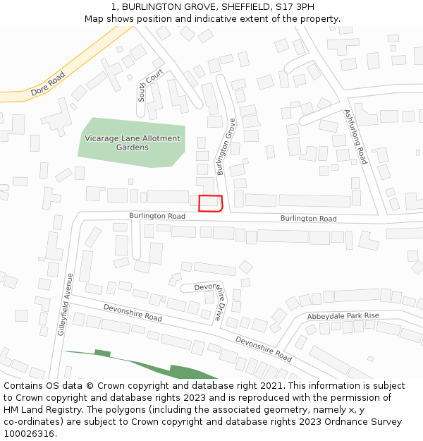 1, BURLINGTON GROVE, SHEFFIELD, S17 3PH: Location map and indicative extent of plot