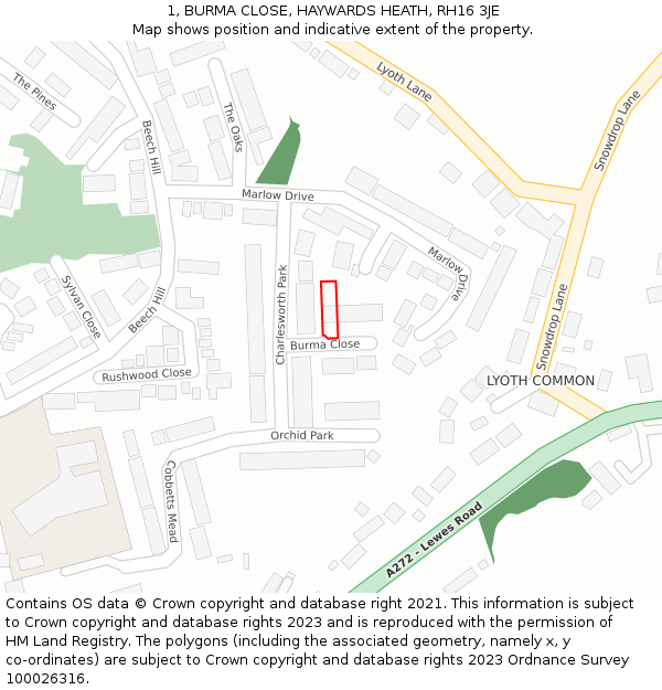 1, BURMA CLOSE, HAYWARDS HEATH, RH16 3JE: Location map and indicative extent of plot