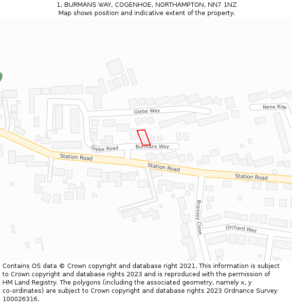 1, BURMANS WAY, COGENHOE, NORTHAMPTON, NN7 1NZ: Location map and indicative extent of plot