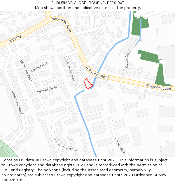 1, BURMOR CLOSE, BOURNE, PE10 9XT: Location map and indicative extent of plot