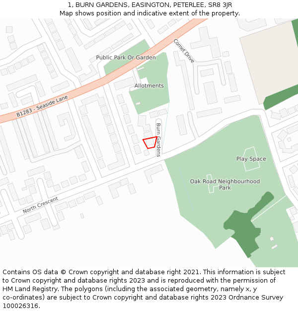 1, BURN GARDENS, EASINGTON, PETERLEE, SR8 3JR: Location map and indicative extent of plot