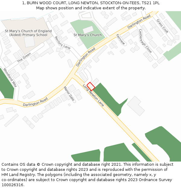 1, BURN WOOD COURT, LONG NEWTON, STOCKTON-ON-TEES, TS21 1PL: Location map and indicative extent of plot