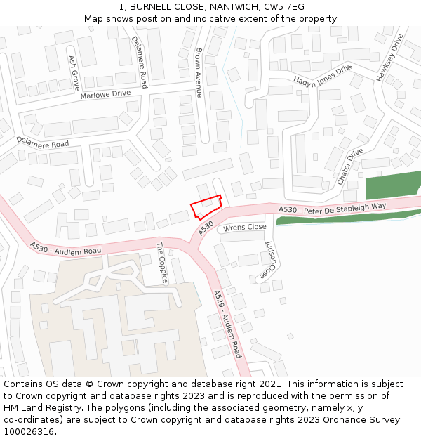 1, BURNELL CLOSE, NANTWICH, CW5 7EG: Location map and indicative extent of plot